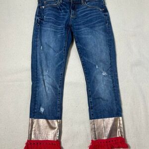 Distressed denim jeans with red fringe and metallic silver details‎